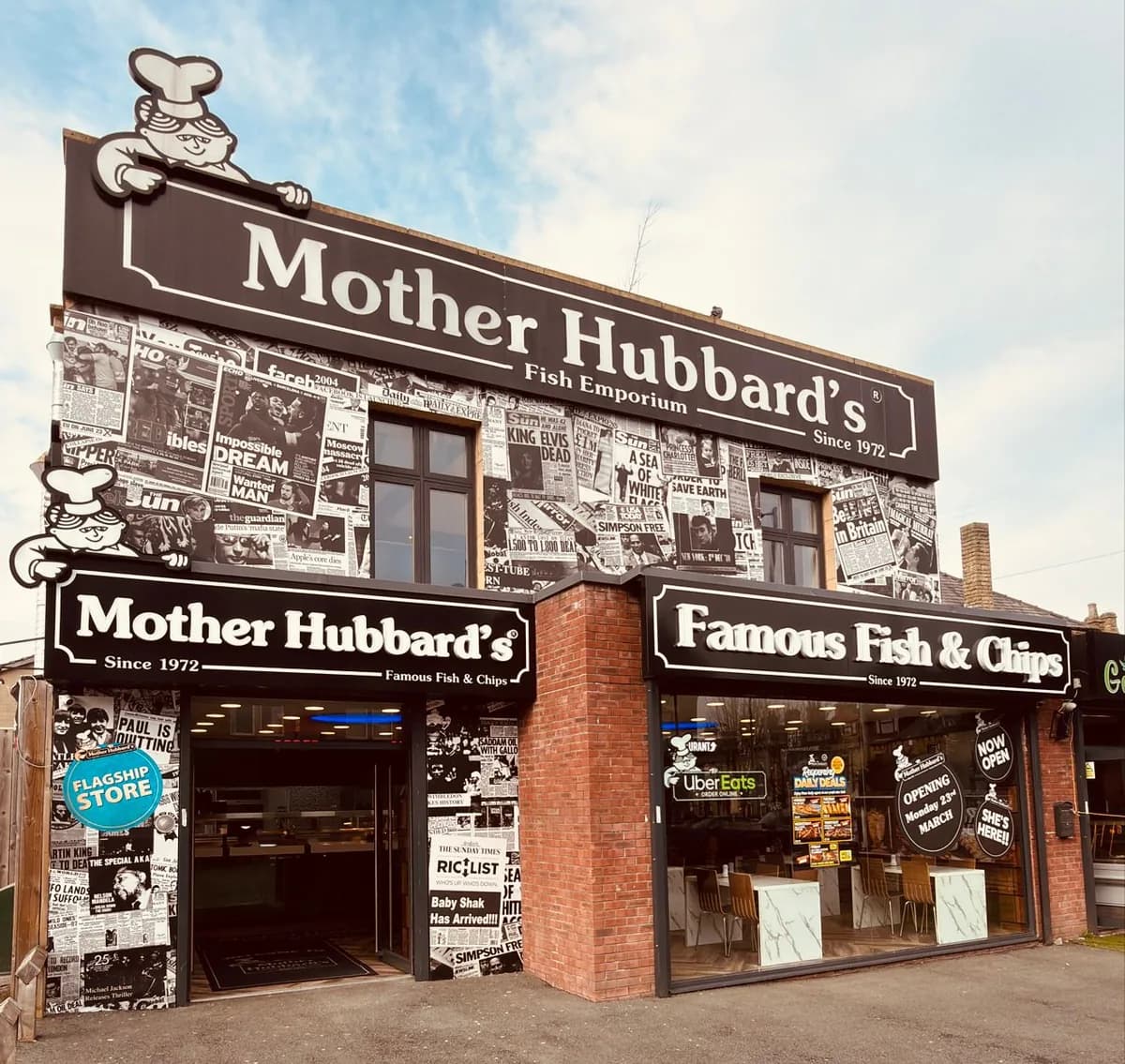 The Mother Hubbard's Fish Emporium shopfront, wrapped in newspaper front pages