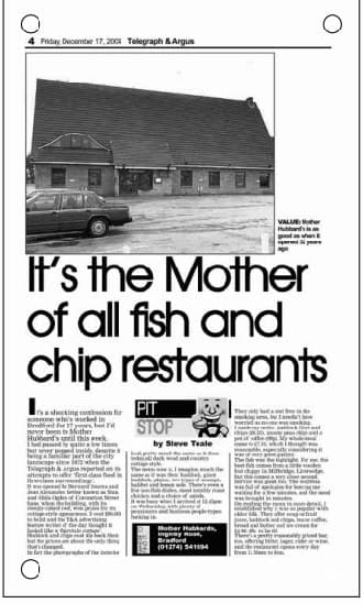 Telegraph & Argus newspaper clipping headlined “It's the Mother of all fish and chip restaurants”