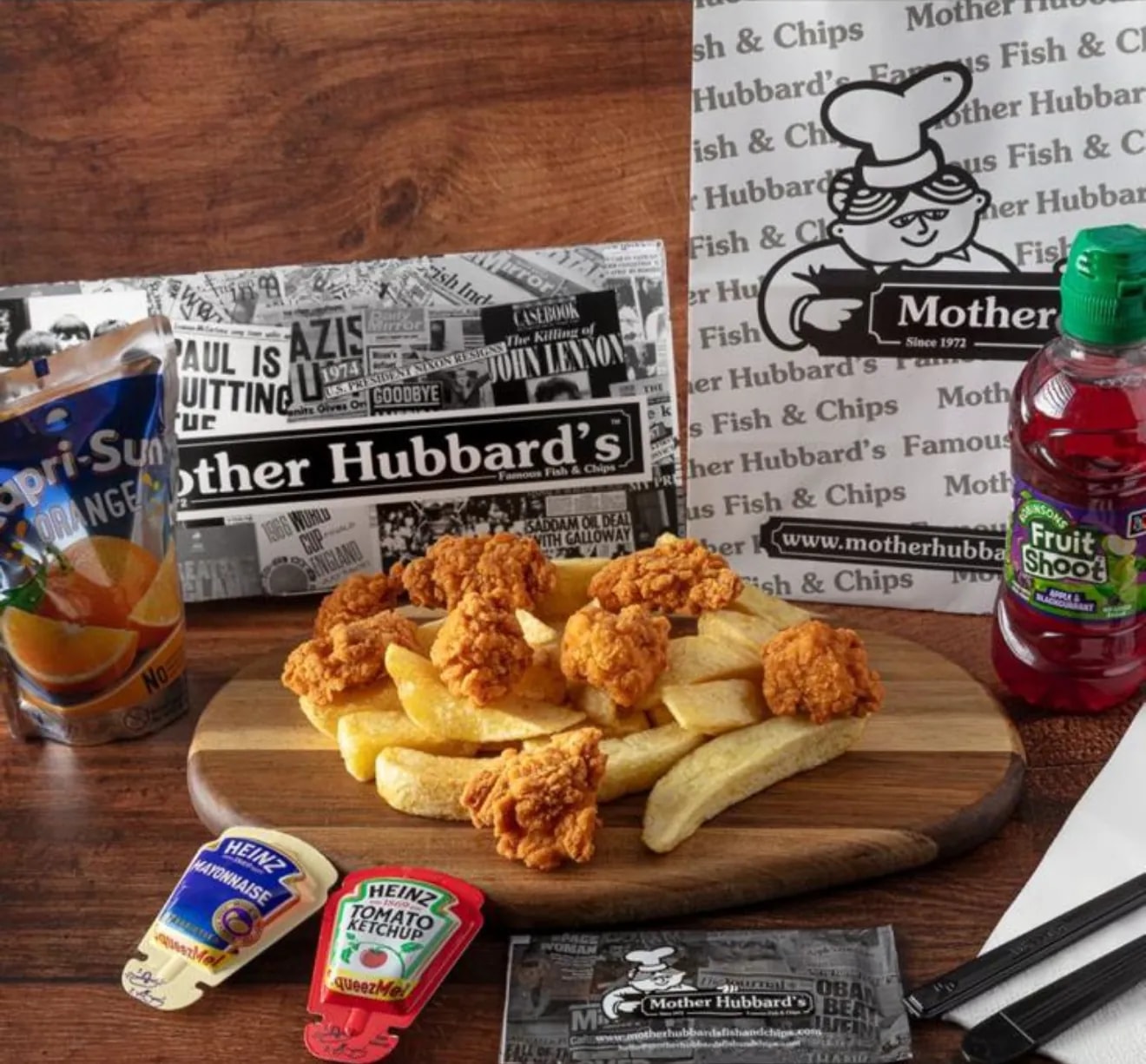 A children’s meal of chicken bites and chips with a Capri-Sun and a Fruit Shoot