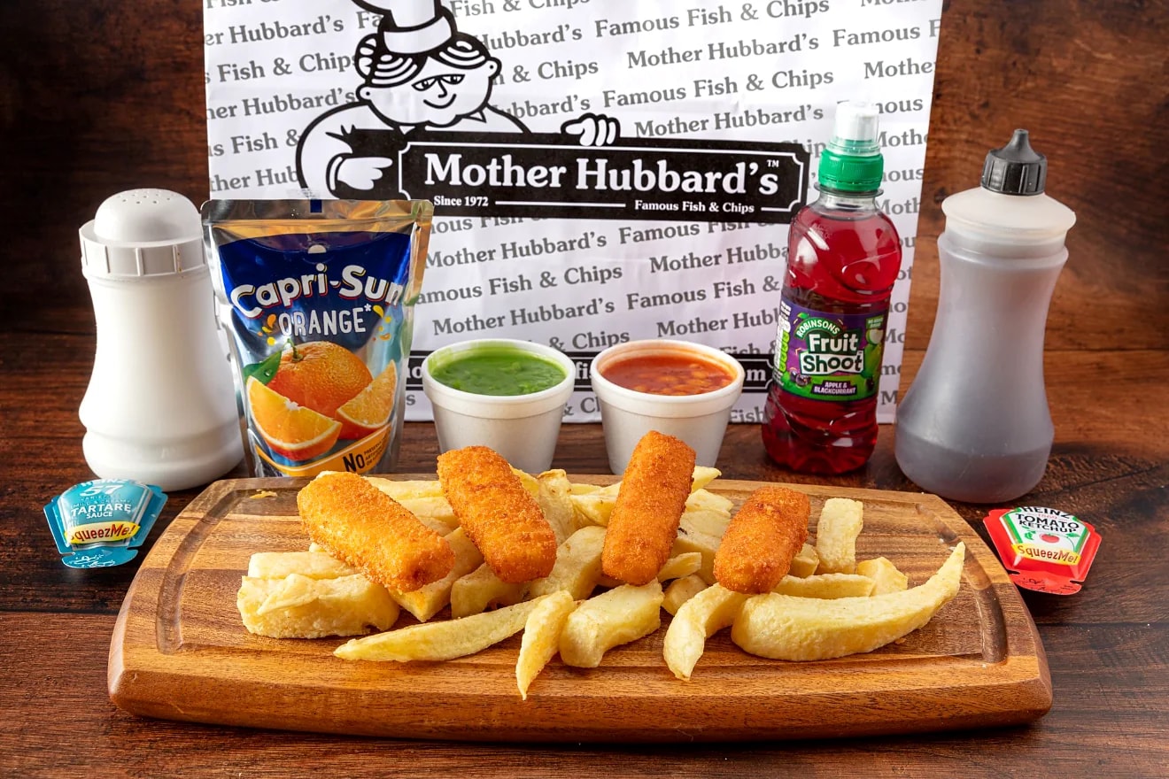 A children's fish fingers meal with chips and a drink